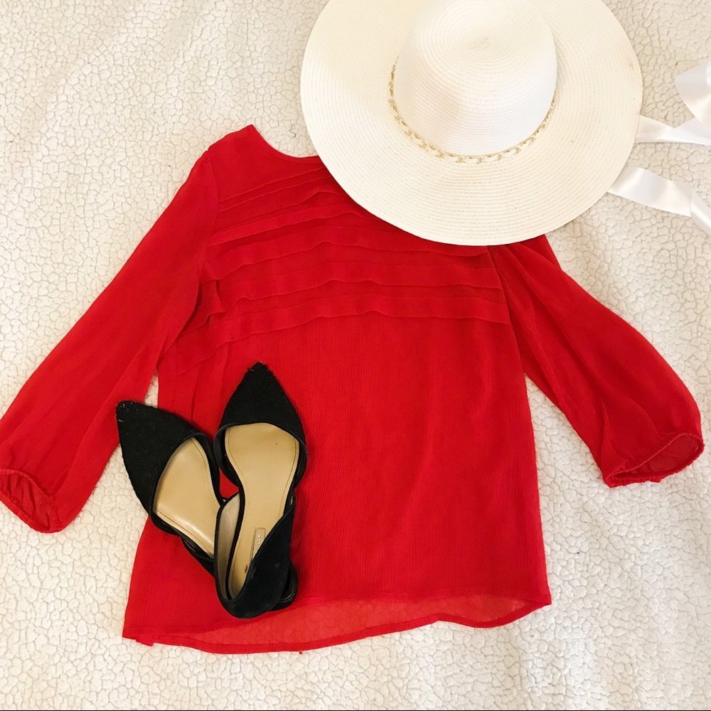 Loft Red Sheer Ruched Pleated Top w/ Sleeves